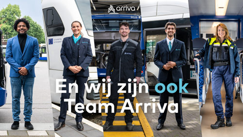 Collage van vijf collega's van Arriva: een teammanager, machinist, monteur, buschauffeur en medewerker service & veiligheid met de tekst 'En wij zijn ook Arriva'. Collage van vijf collega's van Arriva: een teammanager, machinist, monteur, buschauffeur en medewerker service & veiligheid met de tekst 'En wij zijn ook Arriva'.