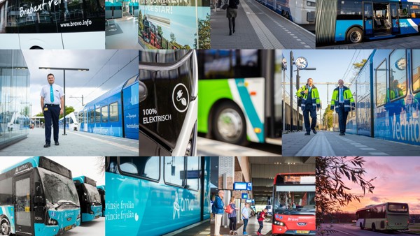 Collage van verschillende elektrische bussen en treinen van Arriva door heel Nederland.