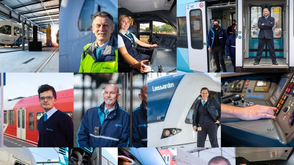 Collage van veertien foto's van collega's van Arriva in en bij treinen.