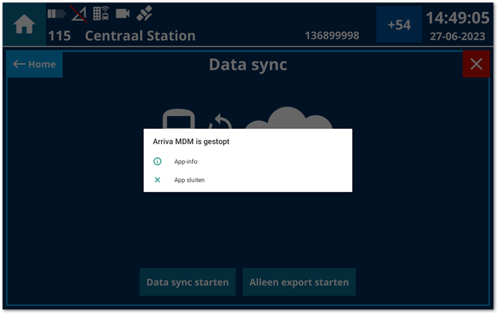 Reisinformatiescherm van Albatros 3 met een popup 'Arriva MDM is gestopt'. 